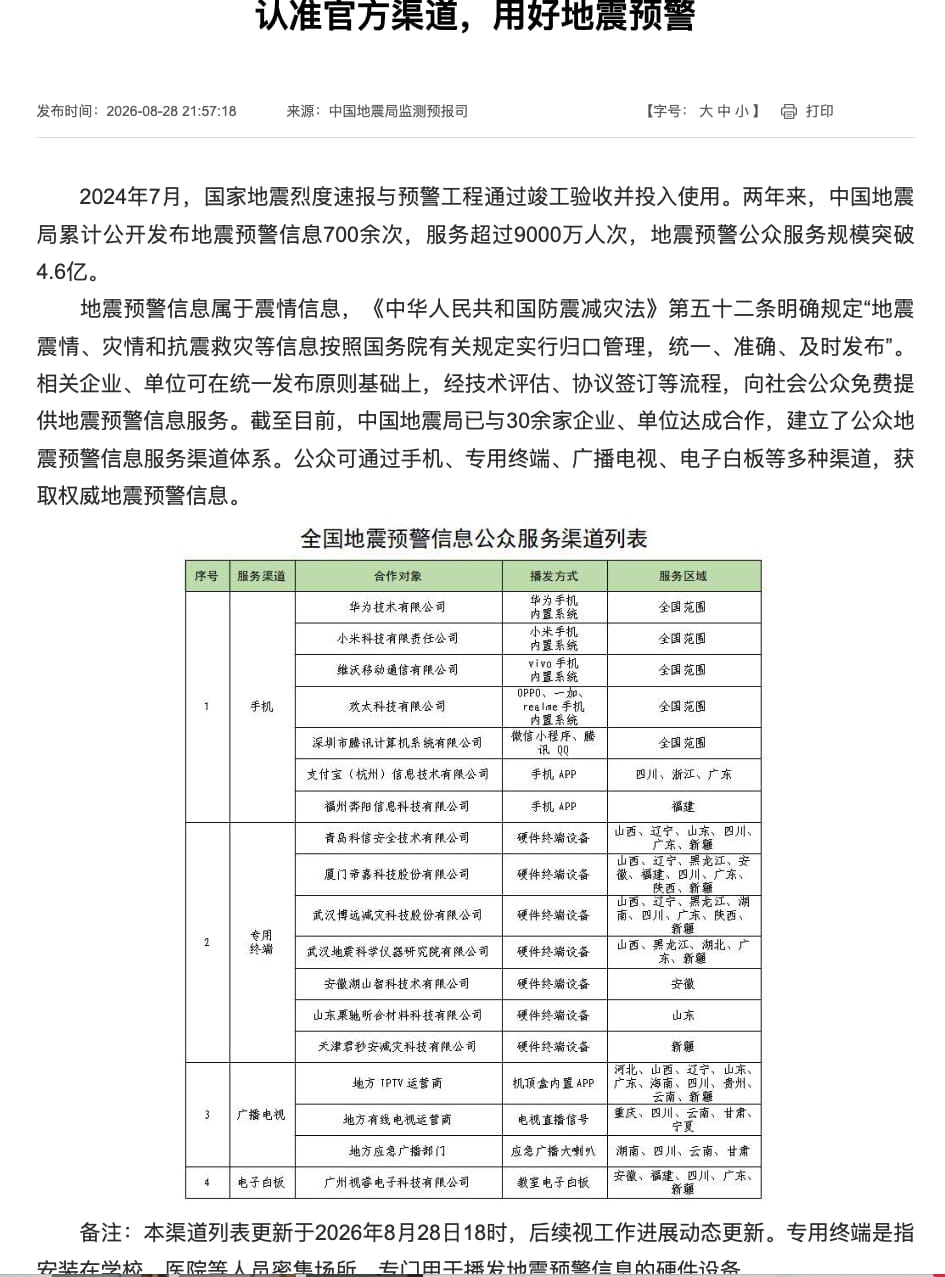 全国地震预警公众服务渠道体系建成 多终端免费覆盖 4.6 亿人